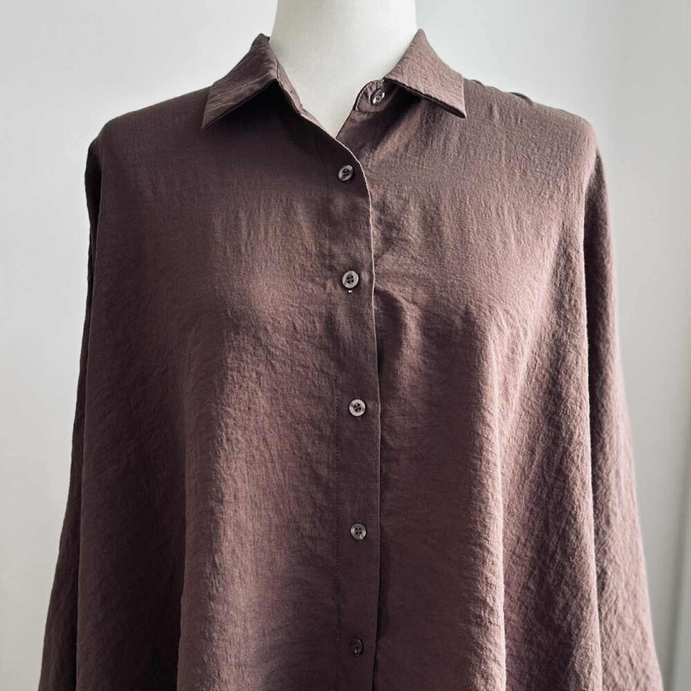 KIKISIX Rich Cocoa Fluid Cape-Cut Blouse with Sculptural Batwing Sleeves – OS